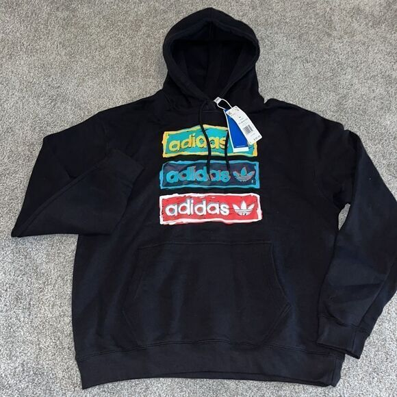 adidas Other - New Adidas Black Linear 3 Color Trefoil logo Hoodie Hooded sweatshirt L